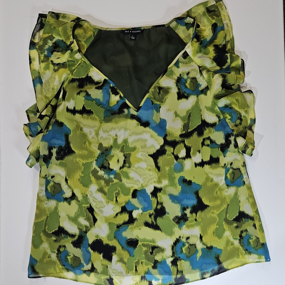 Zac & Rachel Floral Blouse Womens Large Green Blue Lightweight Cottagecore Boho